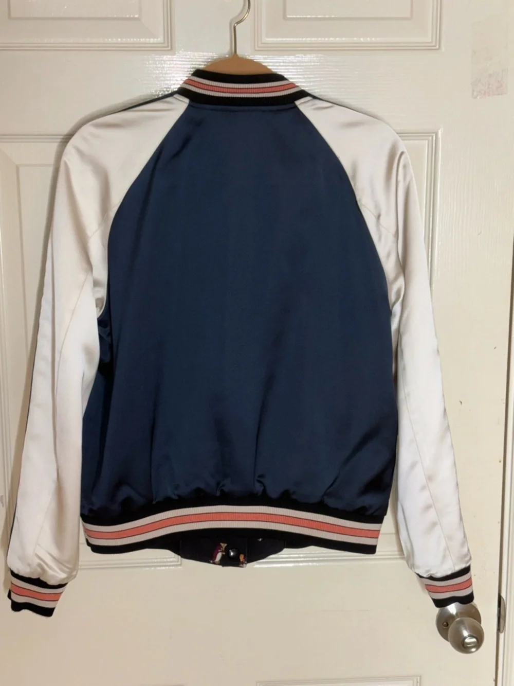 COACH Women’s Bomber REVERSIBLE Varsity Jacket Floral Print Colorblock Satin Med - Picture 10 of 12